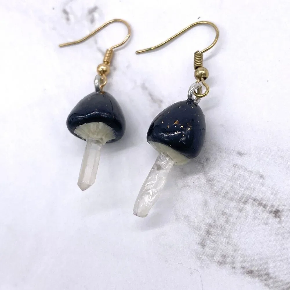 Black Mushroom Quartz Crystal earrings